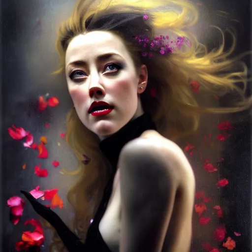 Prompt: hyperrealistic portrait of a woman as amber heard as a vampire witch grin in a black coat closing a window over the shoulder shot among falling petals. by jeremy mann and alphonse mucha, fantasy art, photo realistic, dynamic lighting, artstation, poster, volumetric lighting, very detailed faces, 4 k, award winning