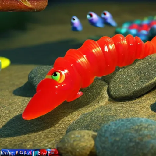 Image similar to using gummi - worm bait to fish for swedish - fish hyperdetailed, hd, 8 k, pixar style