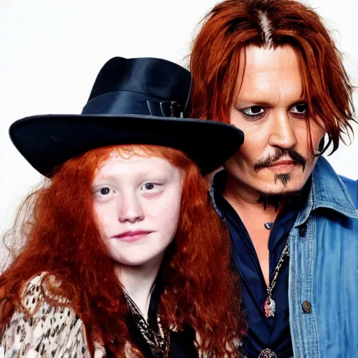 Prompt: photo of johnny depp with a ginger hair girl studio portrait