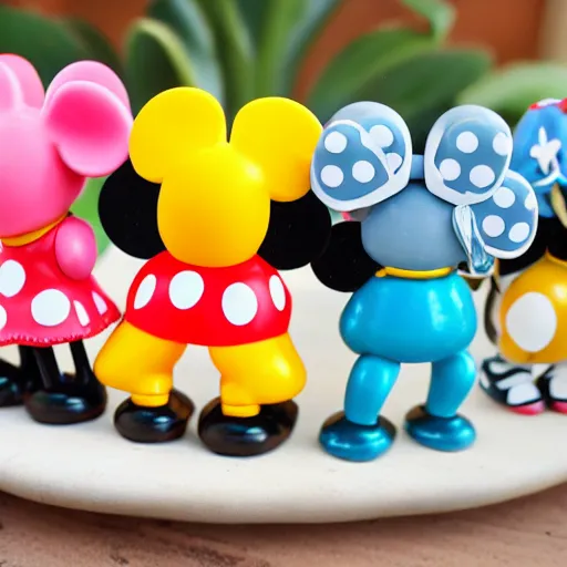 Prompt: product photograph of cute vintage disney figurines, cute, chibi, popular, collectible, toys figures, mickey mouse, miney mouse, pluto, kawaii, toys, white background,