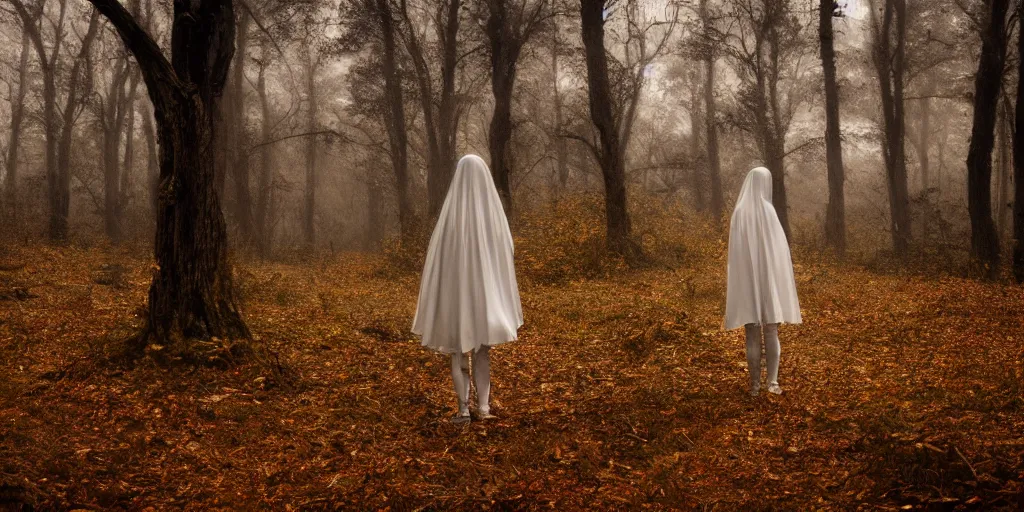 Image similar to a white female ghost in a ominous forest, autumn, 35mm, cinematic atmosphere, mist, photorealistic, depth of field, gloomy