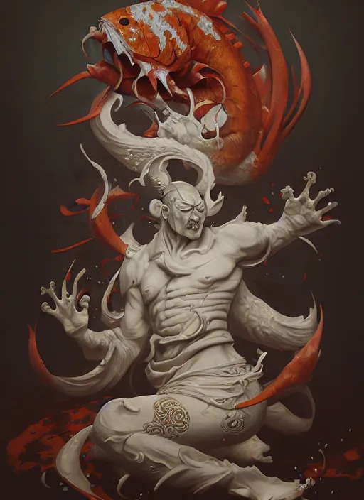 Image similar to subsurface scattering, white, koi, samurai deity with floating hands, by jesper ejsing, james jean, justin gerard, tomasz alen kopera, cgsociety and fenghua zhong, highly detailed, rim light, cinematic lighting, illustration, art, octane render, very coherent, cinematic, hyper realism, high detail, 8 k