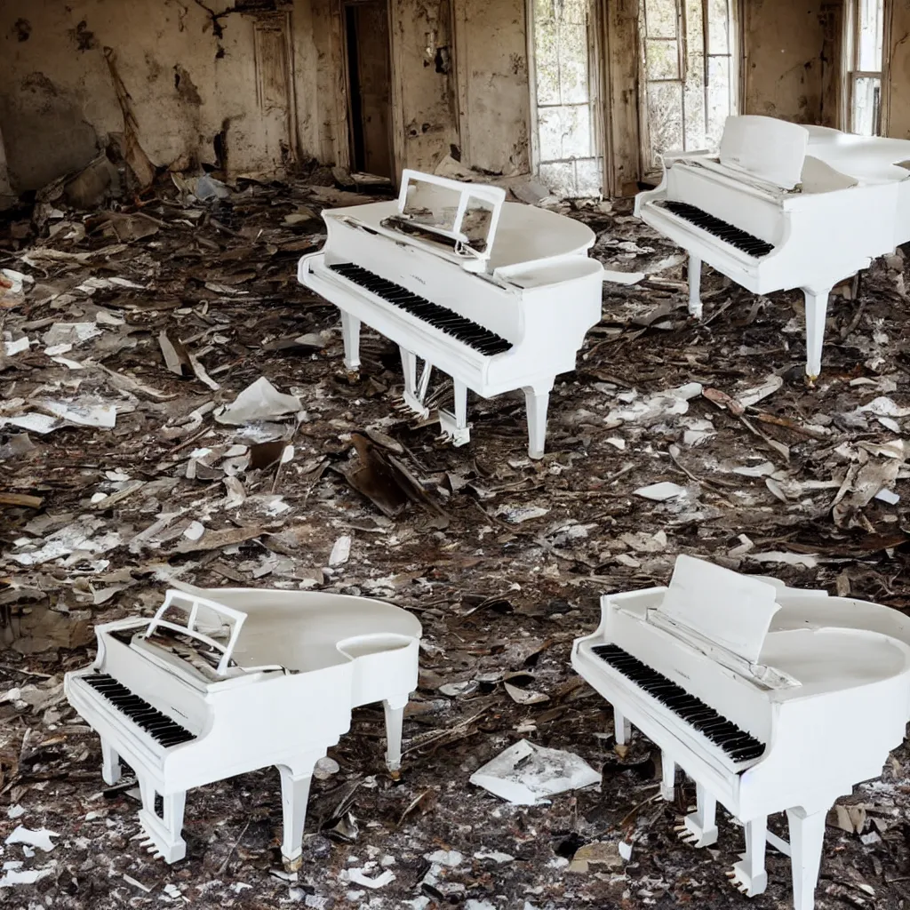 Prompt: White grand piano with damaged keys in an abandoned mansion