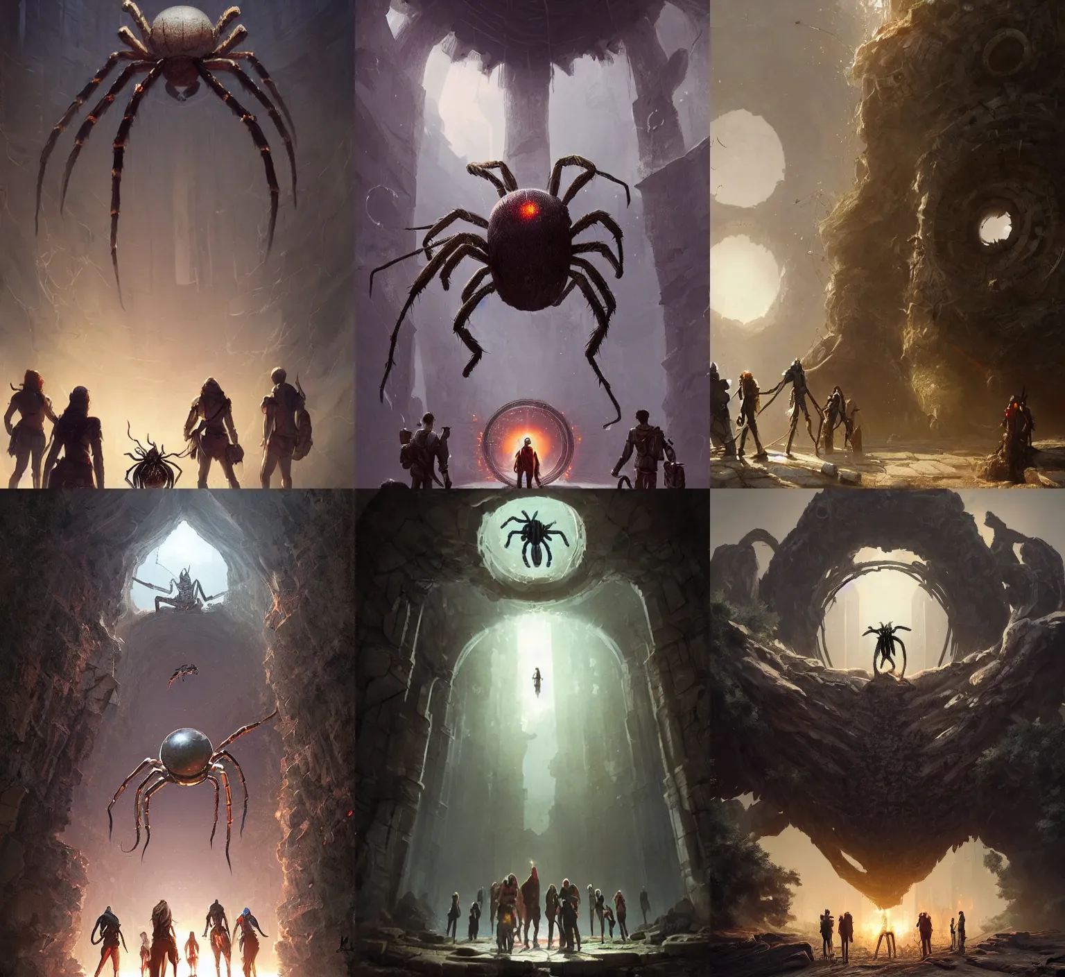 Prompt: group of adventurers standing in front of a portal with a giant spider inside, epic, artwork by Greg Rutkowski