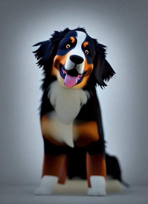 Prompt: photo of a bernese mountain dog wearing a lab coat, highly detailed, sharp focus, octane render