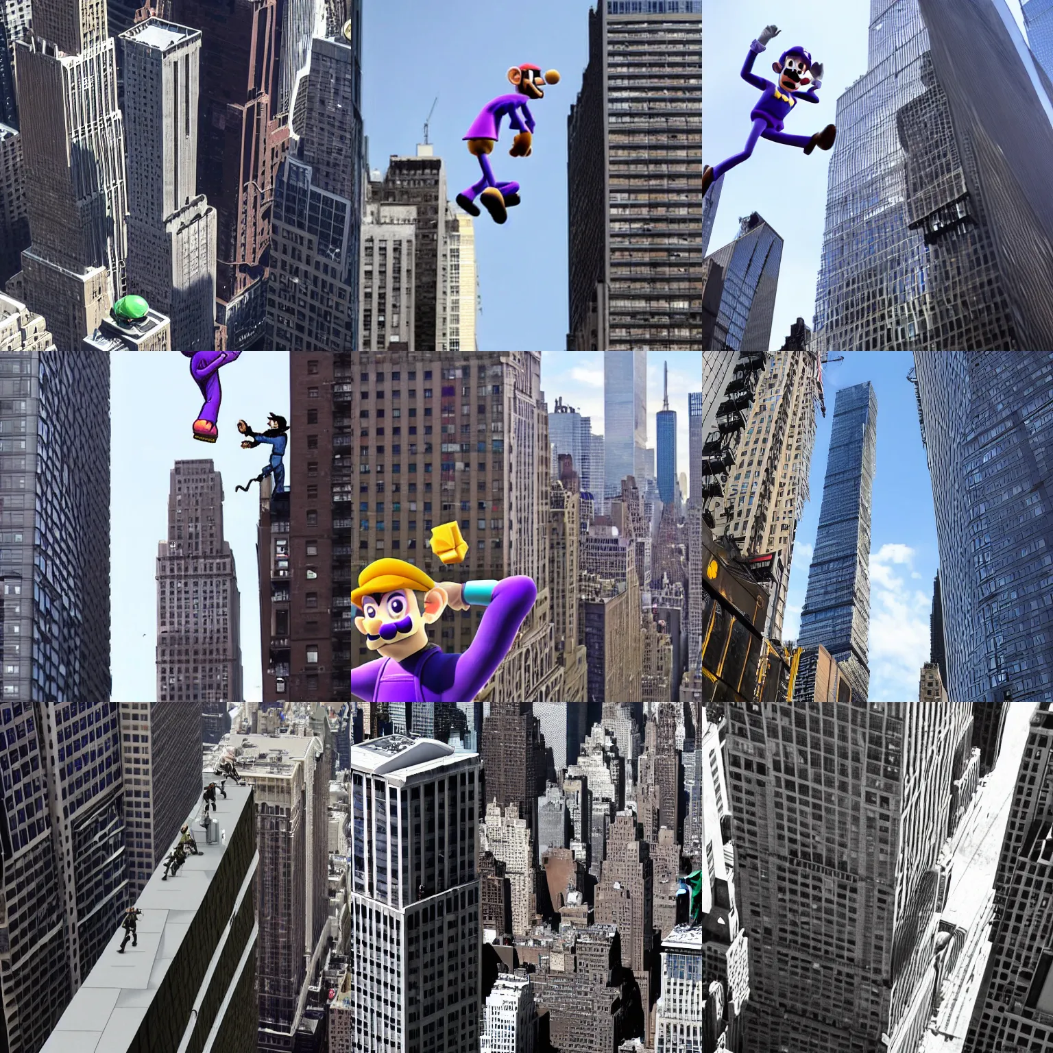 Prompt: A giant Waluigi toppling skyscrapers in new york city, headline news footage