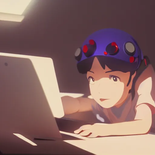 Image similar to toad, in front of a laptop, makoto shinkai, james gilleard, ilya kuvshinov, very detailed, matte, gaussian blur, tone mapped