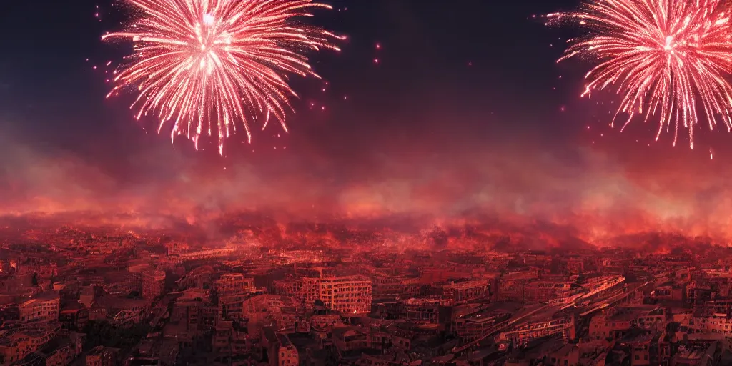 Prompt: red white and blue fireworks over a burning city, octane render, renaissance style, dramatic lighting, moody, smokey, dark lighting, hyper realistic, extreme detail, cinematic, photo real, 4k, intense atmosphere, intricate, ornate details, massive scale, artstation, cinematic lighting, ray tracing,