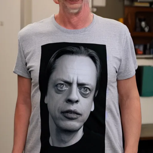 Prompt: photo of a man wearing a shirt with Steve Buscemi's face on the shirt, 8k