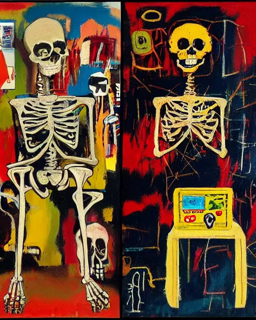 Image similar to oil neo expressionism painting of skull skeleton playing video games by basquiat and norman rockwell