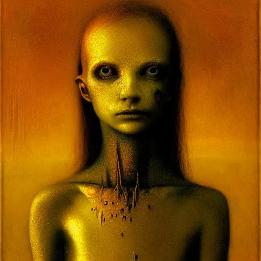 Image similar to portrait of ethereal young vampire princess in golden armour by Beksinski