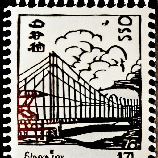 Image similar to small steel suspension bridge built in 1 9 2 8, side view, puffy clouds in background, woodcut style stamp, 8 k