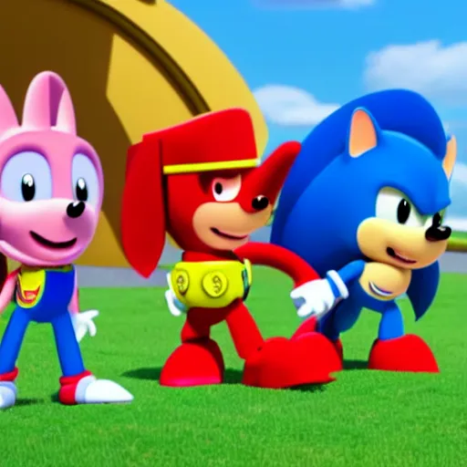 Image similar to sonic, peppa pig and the paw patrol crossover episode, cartoon network stillframe, hd,