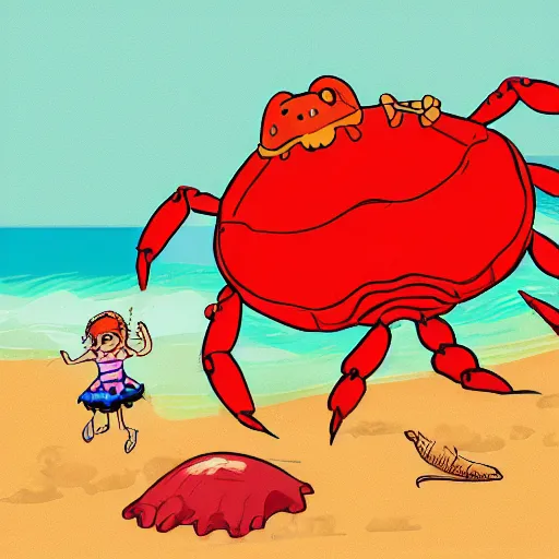 Prompt: cartoon of little girl raiding on top of huge monster crab on the beach.