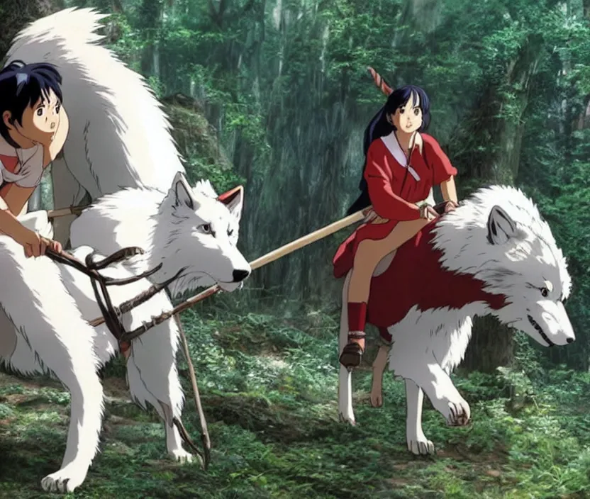 Image similar to Promotional photo of the live-action remake of the 1997 Studio Ghibli film Princess Mononoke. We see San riding her beautiful giant white wolf.