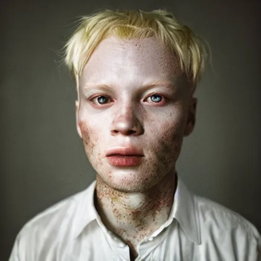 Image similar to color portrait of an albino male by emmanuel lubezki