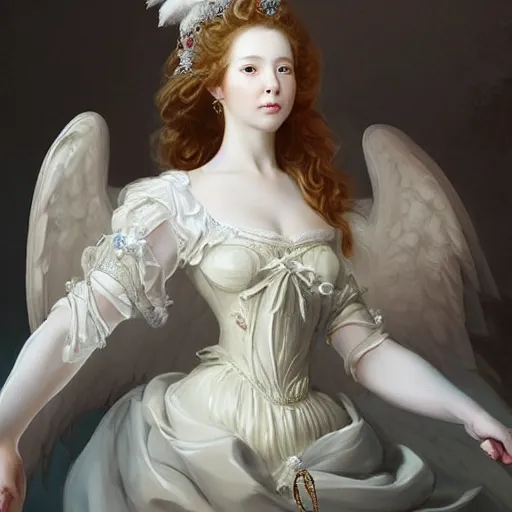 Image similar to A masterpiece portrait of a royal princess baroque rococo girl with tall white amazing with angel wings. trending on artstation, digital art, by Stanley Artgerm Lau, WLOP, Rossdraws, James Jean, Andrei Riabovitchev, Marc Simonetti, Yoshitaka Amano