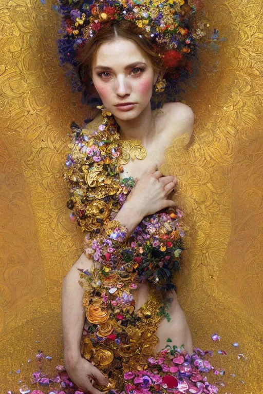 Image similar to an intricate painting of a beautiful young lady surrounded by flowing flower petals covered in silk clothes with klimt golden motives and textures, hyper detailed, ornamental gold headpiece, octane render, vivid colors, artstation, by jeremy mann, by alphonse mucha, by boris vallejo