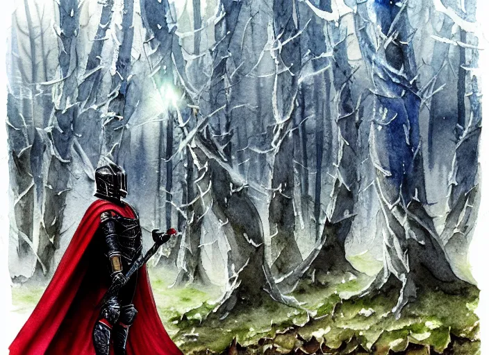 Image similar to a highly detailed watercolor painting of the black knight wearing enchanted dark steel armor, as he stands gazing upon the deep dark mushroom forest, his red and battleworn cape flowing in the wind, his sword sheathed by his side