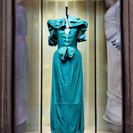 Prompt: victorian era turquoise dress on a manikin, trafalgar dress shop frontage, through the window, cobbled laneway, ambient lighting, cinematic quality, high octane, vray render, subsurface scatter, drum scanner intricate complexity, golden ratio, kojima, amano, charlie bowater museum piece, fine art