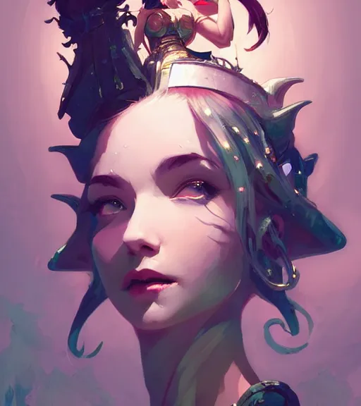 Image similar to portrait of a beautiful queen of the moss with two horns in complex and shiny dress made by leather, by ross tran and atey ghailan, by greg rutkowski, by greg tocchini, by james gilleard, by joe fenton, by kaethe butcher, dynamic lighting, grunge aesthetic