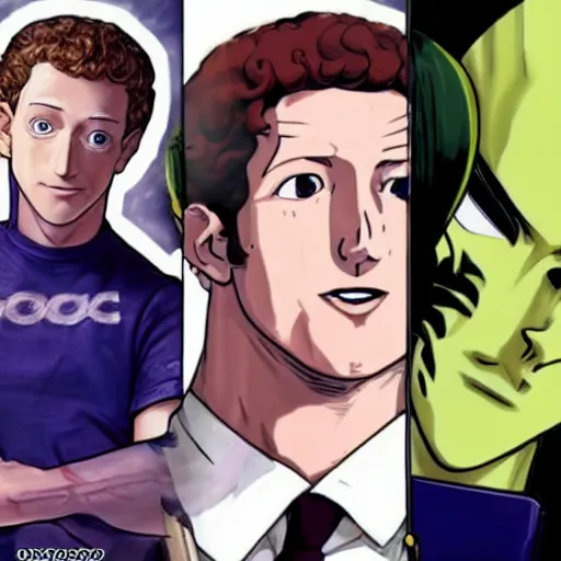 Prompt: Mark Zuckerberg posing in Jojo’s bizarre adventure, anime