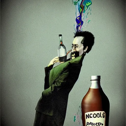 Image similar to Drinking from bottle Nicolas Cage in liquid form, Surrealism, Surreal drawing, Digital art, from artstation, art by Salvador Dali