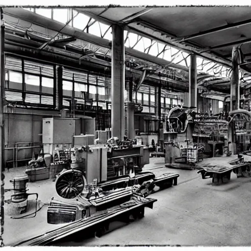 Prompt: an industrial age stem engine factory, fully operational in modern days photography style