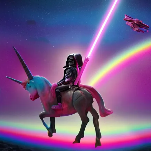 Image similar to beautiful matte painting, rainbow colored pink pink darth vader wearing pink wearing pink, riding a unicorn, riding a unicorn, riding a one-horned unicorn over a glittering rainbow, in psychedelic space, by lisa frank and dan mumford, octane render, HDR, vivid color, volumetric lighting, unreal engine, concept art, CGsociety, trending on artstation