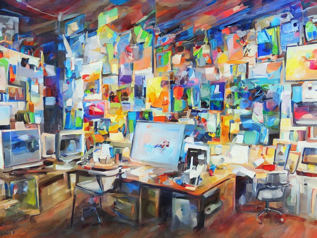 Image similar to painting gallery workplace, art style by bryen frost