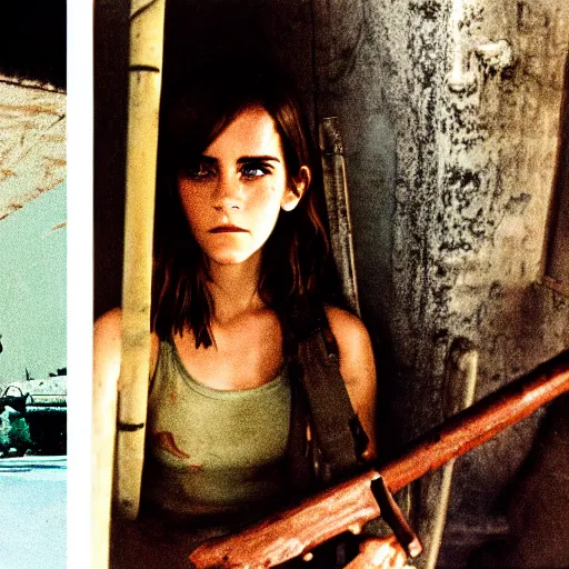 Image similar to film still, extreme far view, emma watson vietnam door gunner, film still from apocalypse now ( 1 9 7 9 ), 2 6 mm, kodak ektachrome, blue tint expired film,