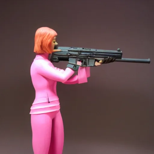 Prompt: A pink sci-fi woman with a gun.