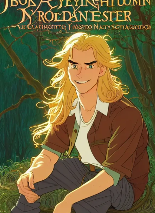 Image similar to book cover design, pretty young man with long golden blond hair in a forest, natural lighting, path traced, highly detailed, high quality, cartoon, digital painting, by don bluth and ross tran and studio ghibli and alphonse mucha