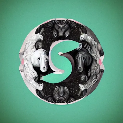 Image similar to one ape and one horse forming the shape of YinYang shaped, super details, conceptual, abstract, artistic