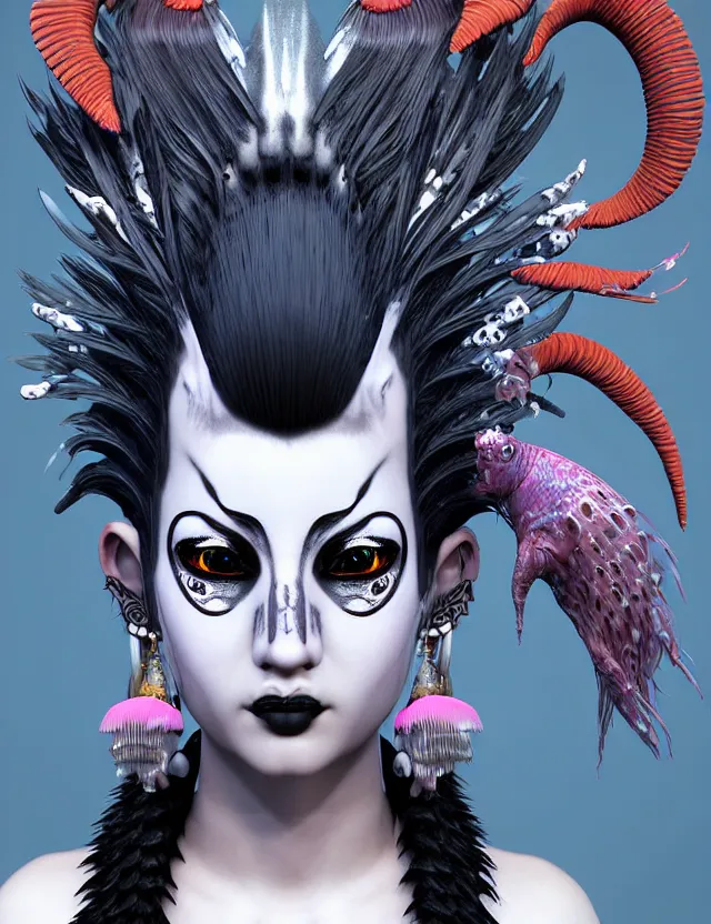 Image similar to 3 d photo realistic goddess close - up profile portrait punk with mohawk with ram skull. beautiful intricately detailed japanese crow kitsune mask and clasical japanese kimono. betta fish, jellyfish phoenix, bio luminescent, plasma, ice, water, wind, creature, artwork by tooth wu and wlop and beeple and greg rutkowski