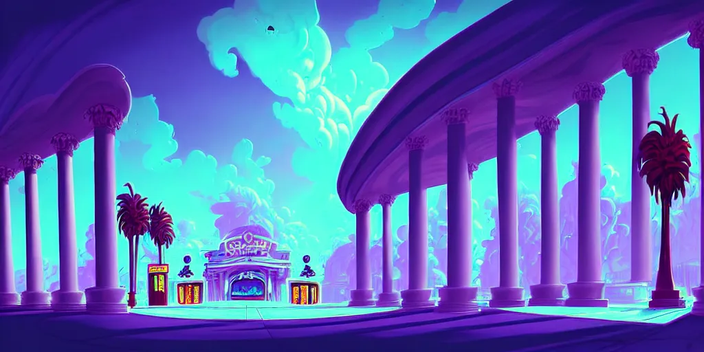 Prompt: curled perspective digital art of curly clouds entrance to the casino with marble columns and palm trees by anton fadeev from nightmare before christmas