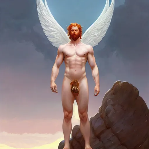 Image similar to panoramic view, beautiful natural male ginger angel wearing a white loincloth, intricate, elegant, highly detailed, digital painting, artstation, concept art, smooth, sharp focus, illustration, art by artgerm and greg rutkowski and alphonse mucha and loish and WLOP