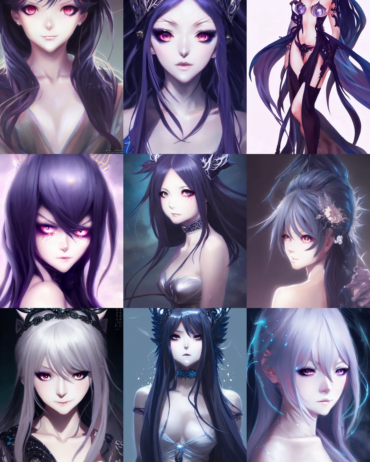 Prompt: Character concept art of an anime goddess of the night || cute-fine-face, pretty face, realistic shaded Perfect face, fine details by Stanley Artgerm Lau, WLOP, Rossdraws, James Jean, Andrei Riabovitchev, Marc Simonetti, and Sakimichan, tranding on artstation