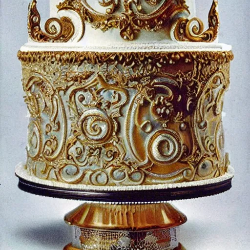 Image similar to photograph of a fancy baroque cake from 1970's cookbook in color