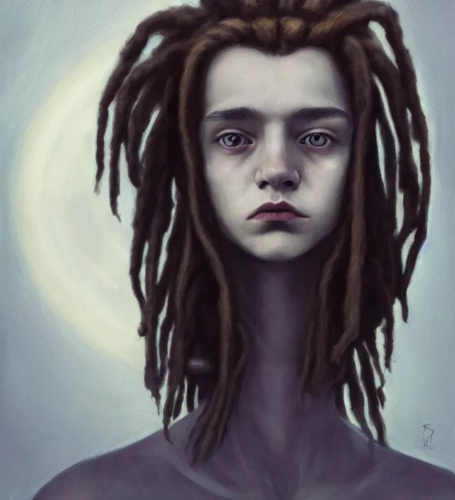 Image similar to portrait of shy teenage fantasy witch, grzegorz rutkowski, symmetry, deep dark forest, dramatic lighting, moody, directional lighting, awkward, intelligent, contemplative, gorgeous dreadlocks in hair, volumetric lighting, symmetrical face, pale girl, nervous, art by alasdair gray, brown hair, hazel eyes, trending on artstation