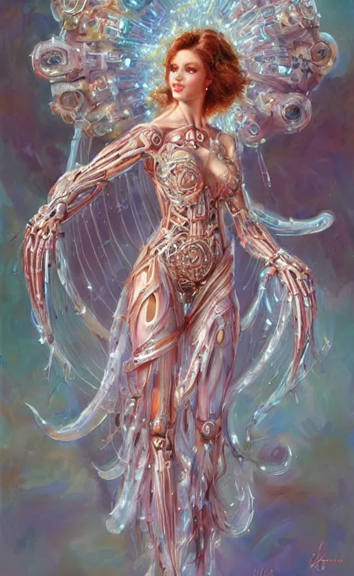 Prompt: Cyborg biomechanical jellyfish angel female. By Konstantin Razumov, highly detailded