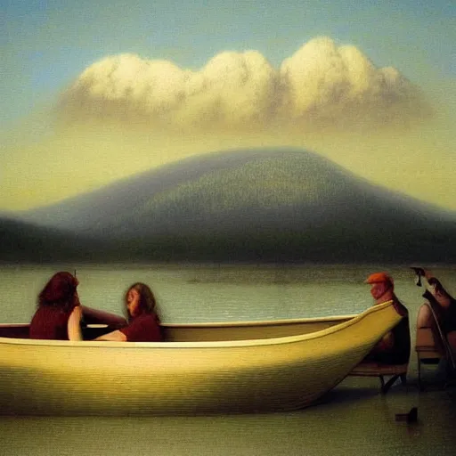 Prompt: “ girls sitting in canoe on the hudson river drinking beer!!!!!!!!, mountains in fog background, painting, by odd nerdrum ”