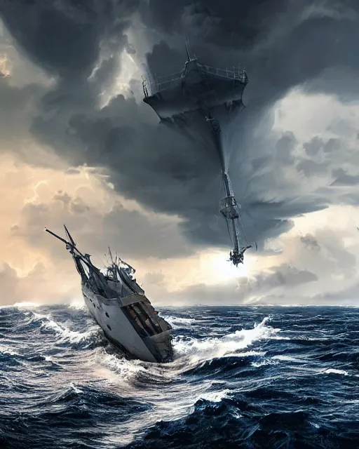 Prompt: establishing shot of a fishing boat on stormy seas, a gigantic star destroyer spaceship flying overhead, stormy weather, unreal engine, hyper realism, realistic shading, cinematic composition, realistic render, octane render, detailed textures, photorealistic, ultrawide shot, 16mm lens