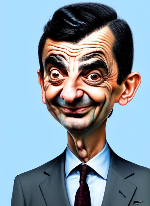 Image similar to highly detailed caricature portrait of mr bean by ross tran, by greg rutkowski, brush strokes, 4 k resolution, light blue pastel background