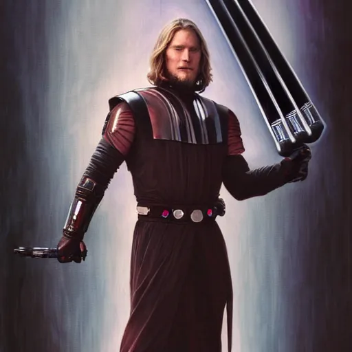 Image similar to Portrait of Travis Fimmel as a sith lord from star wars, full length shot, shining, 8k highly detailed, sharp focus, illustration, art by artgerm, mucha, bouguereau