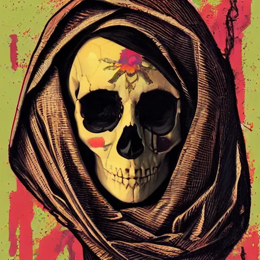 Prompt: painting of the virgin mary skull face by greg rutkowski and jc leyendecker with graffiti pop art