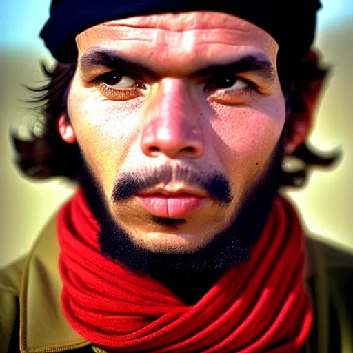 Image similar to portrait of che guevara as afghan man, green eyes and red scarf looking intently, photograph by steve mccurry