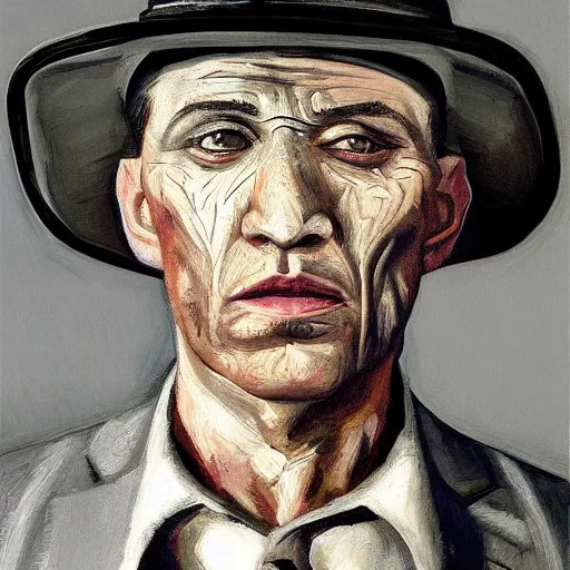 Prompt: Intricate five star Mobster facial portrait by Pablo Picasso, oil on canvas, HDR, high detail, Photo realistic, hyperrealism,matte finish, high contrast, 3d depth, masterpiece, vivid and vibrant colors, enhanced light effect, enhanced eye detail,artstationhd