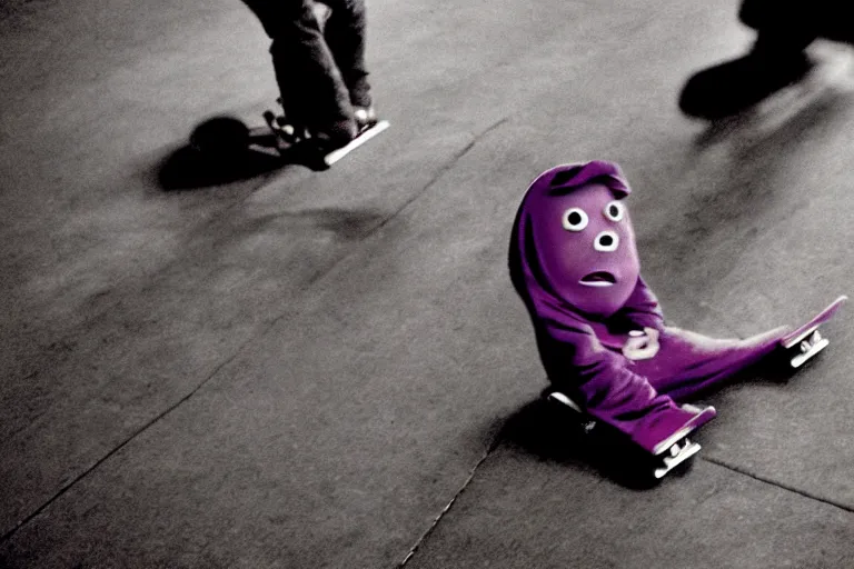 Image similar to grimace on skateboard, horror film still, dark atmosphere, found footage, nightmare, unsettling, cinematic, dim lighting, pain, agony, suffering