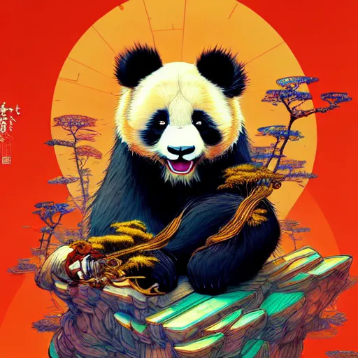 Image similar to a beautiful hyperdetailed character design 4 k wallpaper illustration of a cute panda with a chinese lion dance head victo ngai cyberpunk style, from china, style of studio ghibli, makoto shinkai, raphael lacoste, louis comfort tiffany, artgerm, james jean, ross tran, chinese style